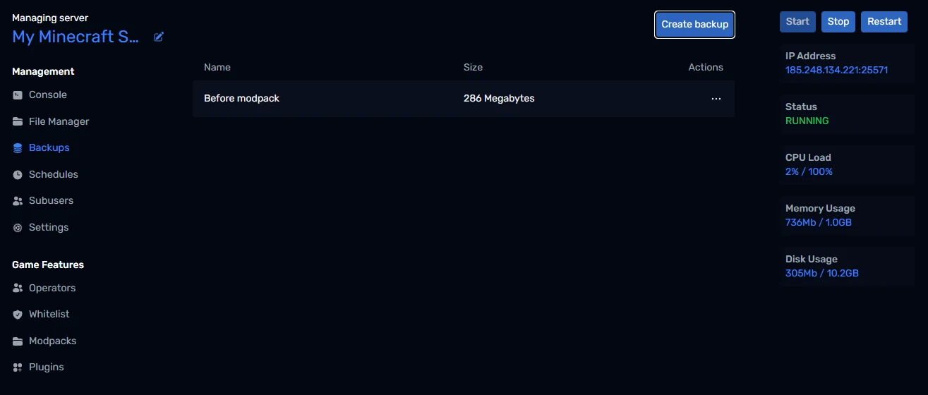 A backup listed on the Backups page
