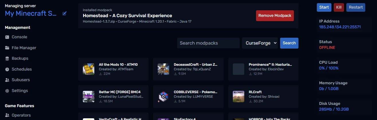 An installed modpack on the Modpacks page