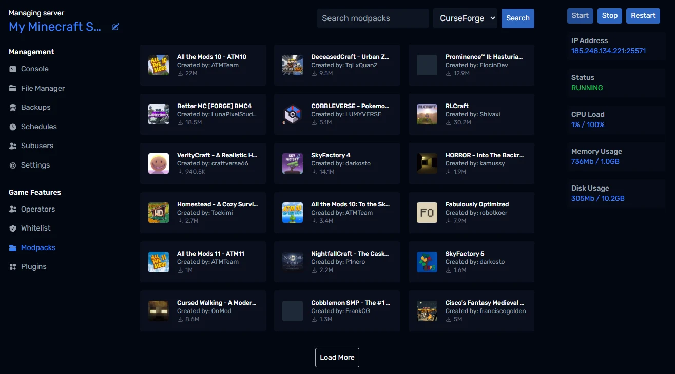 The Modpacks page in the PLAYERTICK control panel