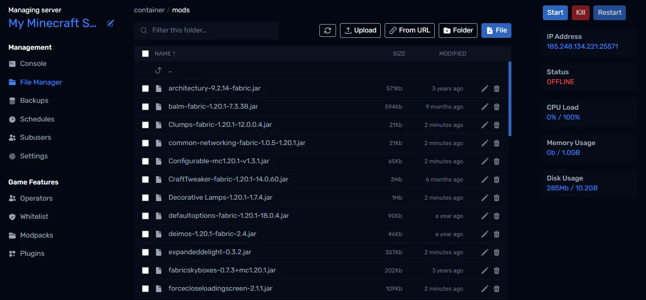 The mods folder in the File Manager