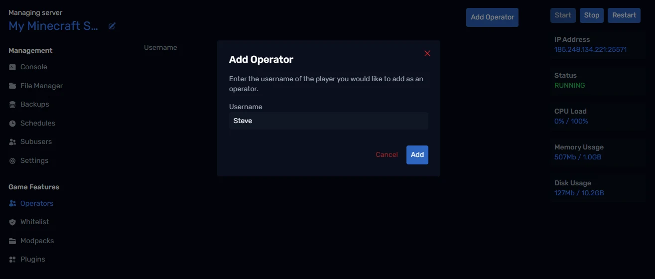 Adding an operator in the PLAYERTICK control panel