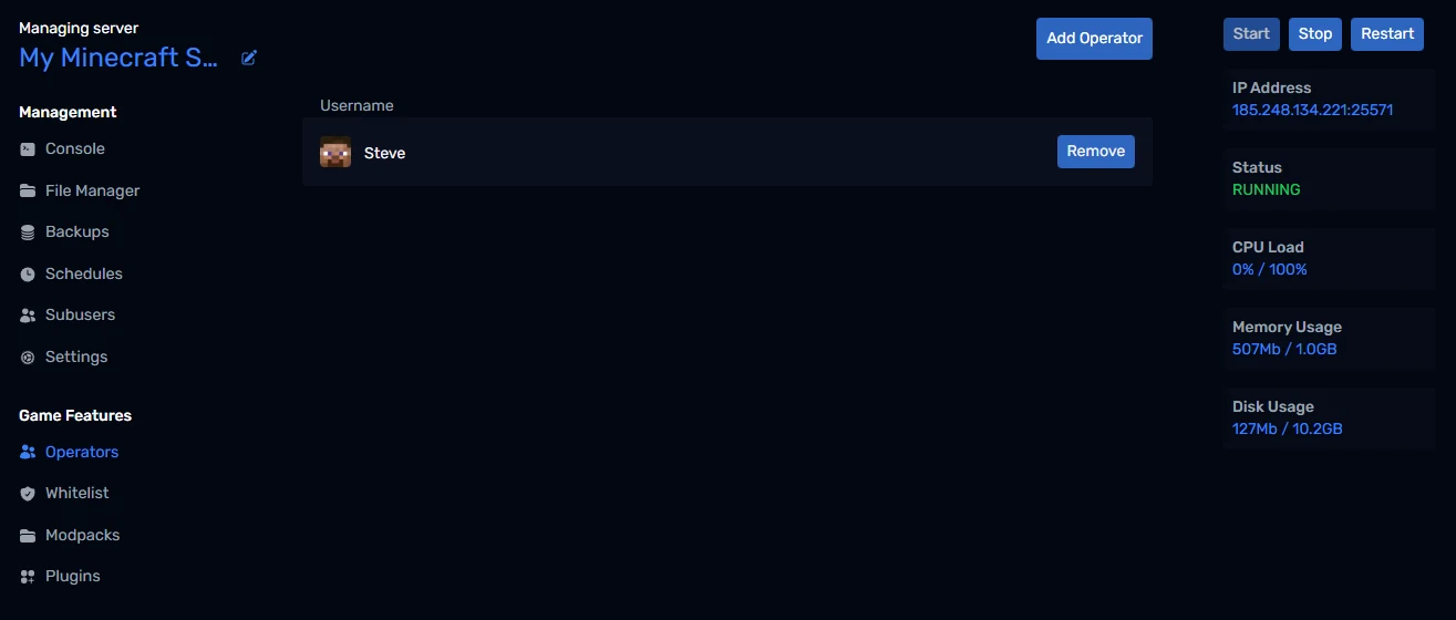 A player listed on the Operators page