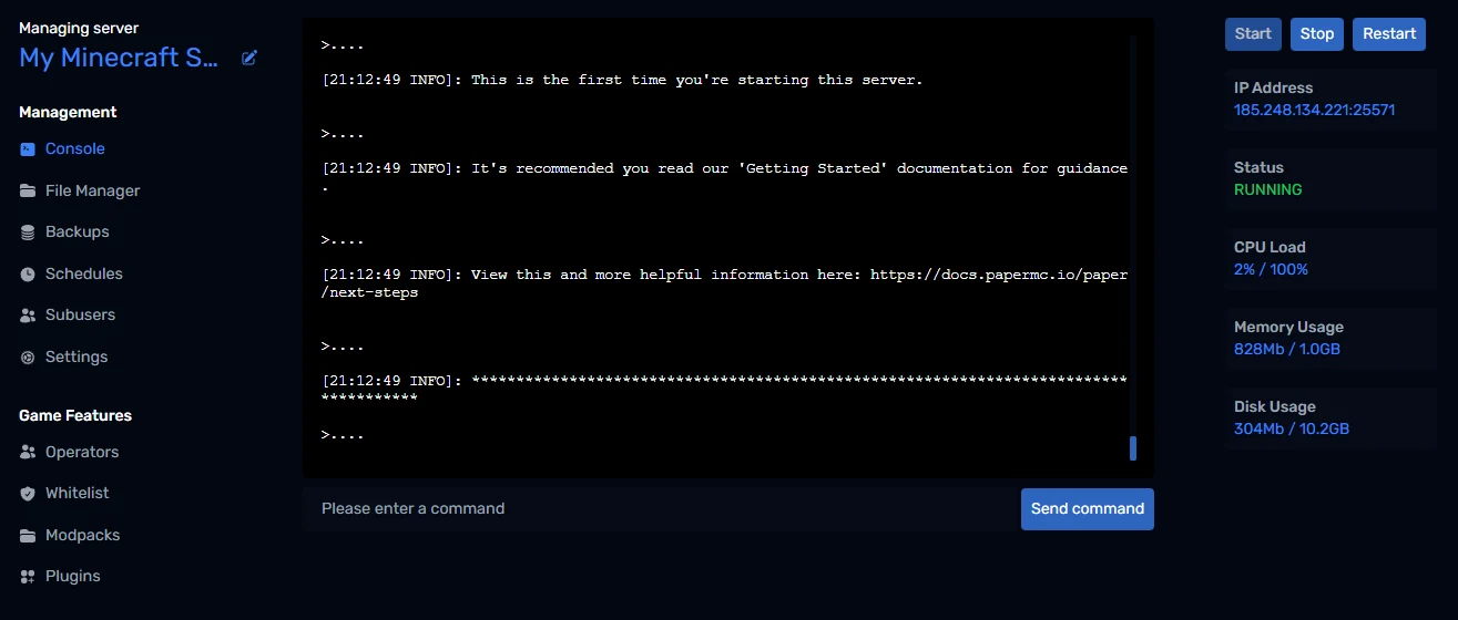 Paper starting for the first time in the console