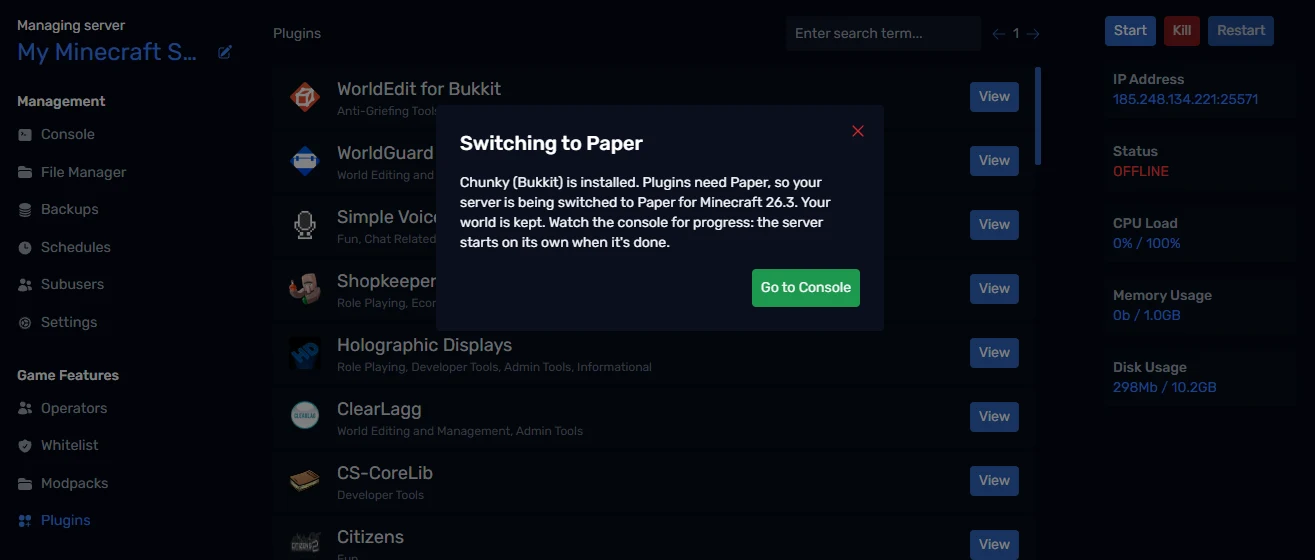 The panel switching the server to Paper