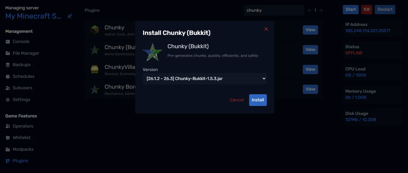 Installing Chunky from the Plugins page
