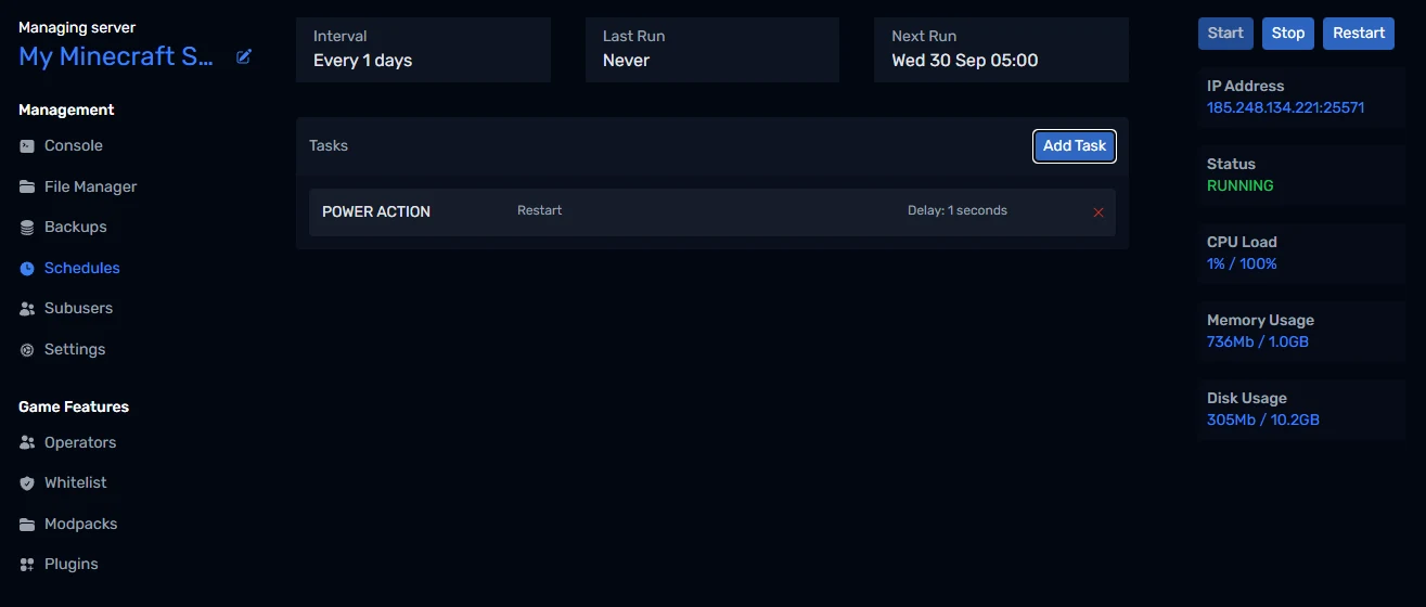 A daily restart schedule with its task