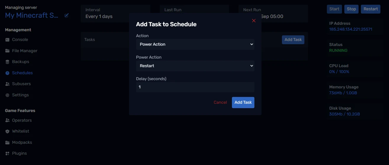 Adding a restart task to a schedule
