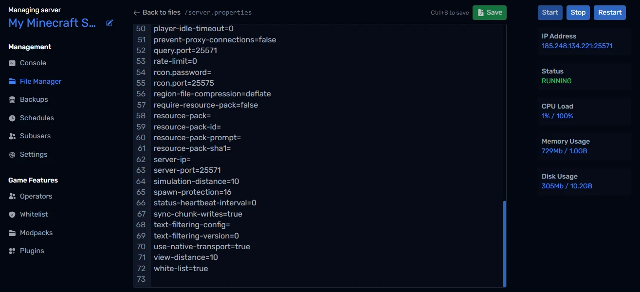 Editing server.properties in the File Manager