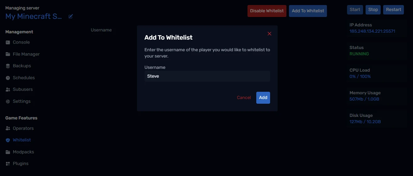 Adding a player to the whitelist