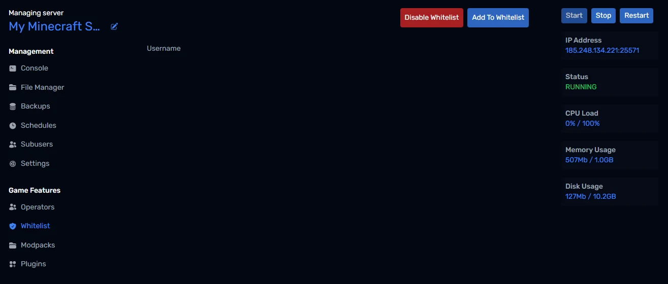 The Whitelist page with the whitelist enabled