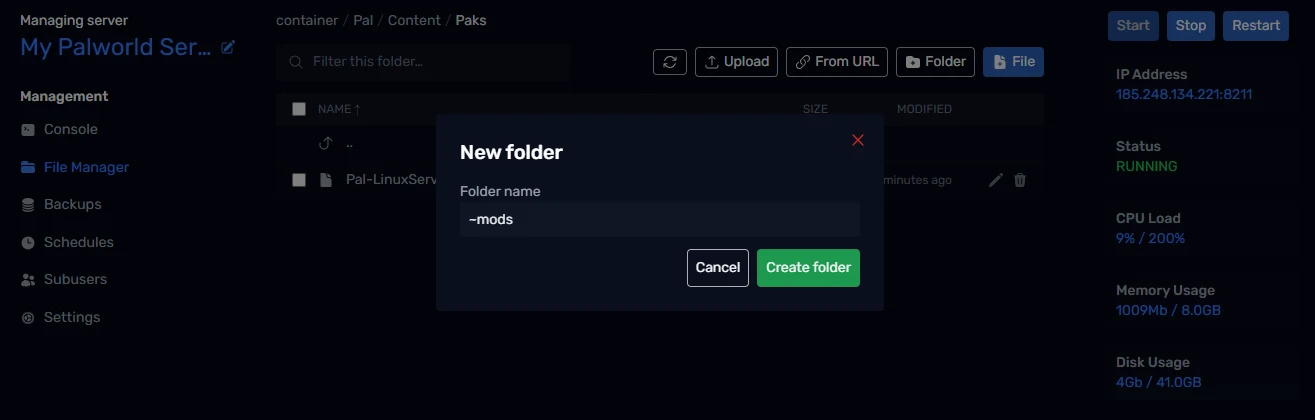 Creating the ~mods folder in the File Manager