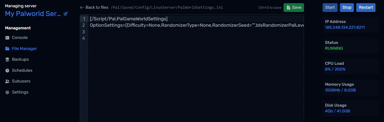 PalWorldSettings.ini open in the File Manager editor
