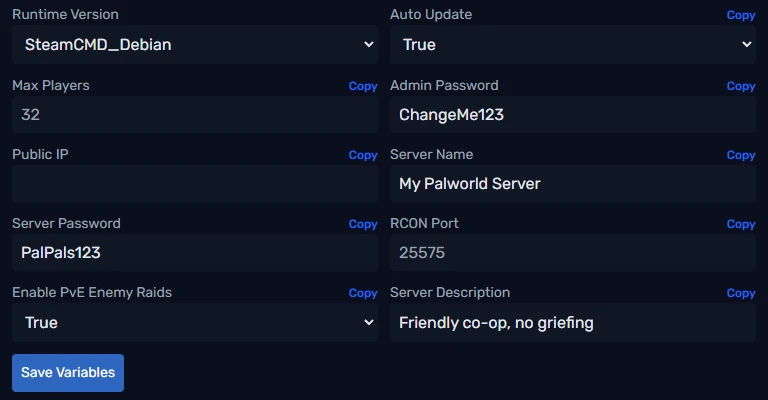 Palworld startup variables in the PLAYERTICK control panel