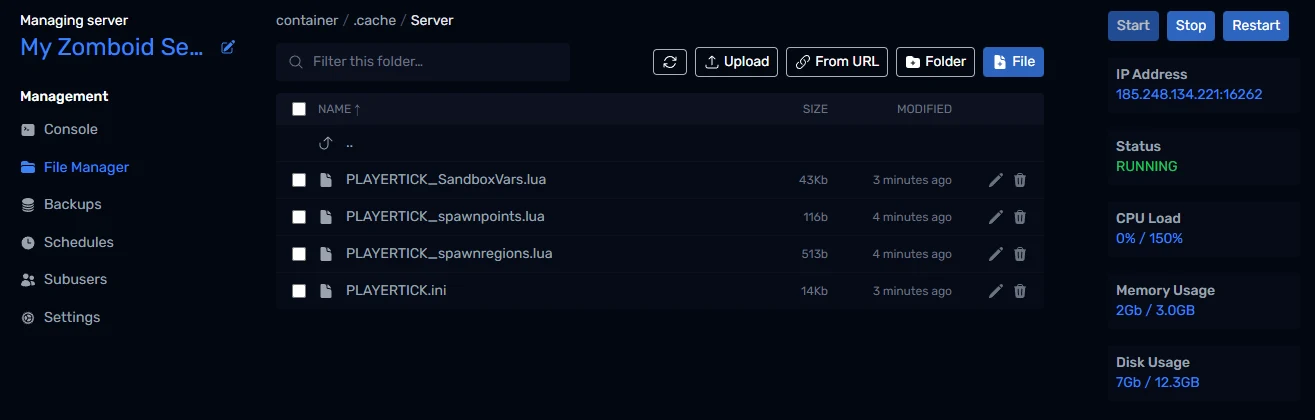 The Project Zomboid server config files in the File Manager