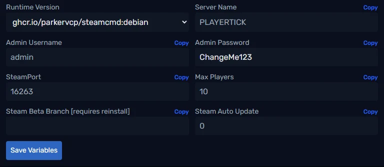 Project Zomboid startup variables in the PLAYERTICK control panel