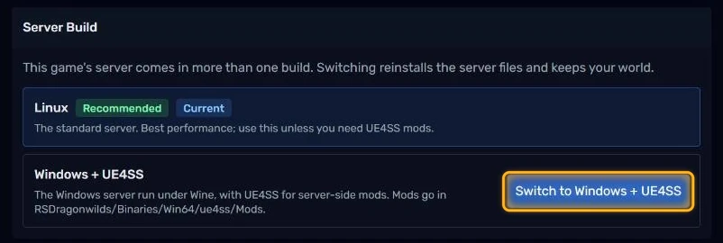 The Server Build card in Settings, with the Switch to Windows + UE4SS button
