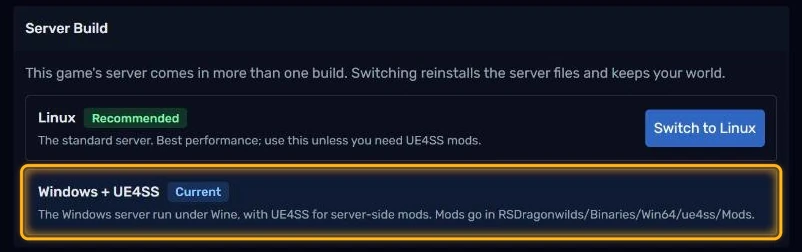Windows + UE4SS marked as the current build