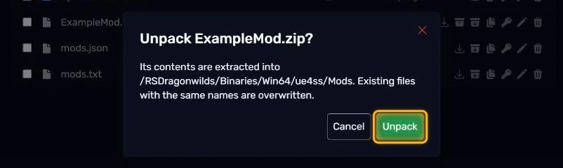 Confirming the unpack into the Mods folder