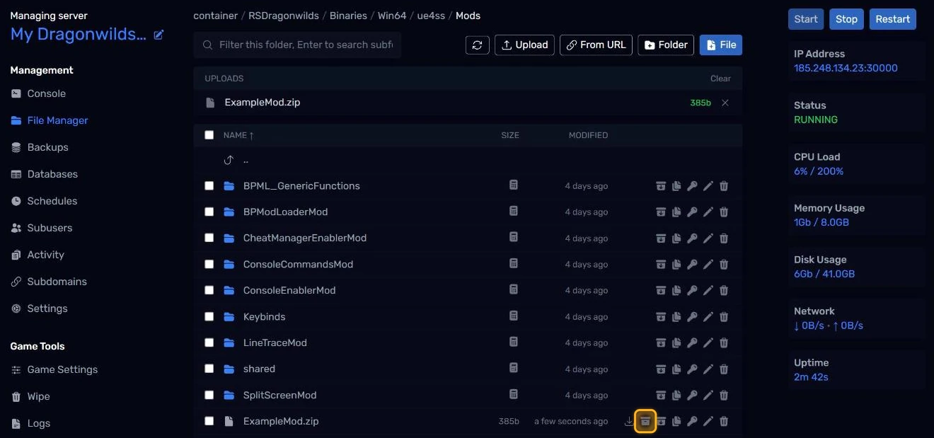 The uploaded mod zip, with its Unpack button