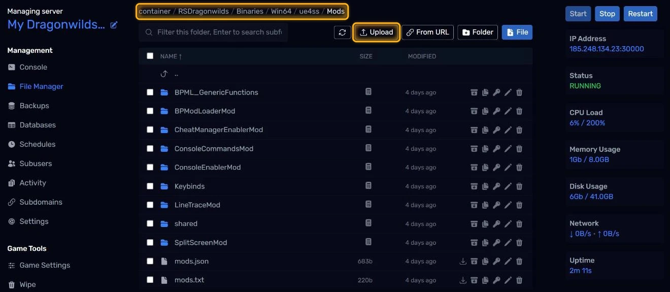 The ue4ss/Mods folder in the File Manager, with the Upload button