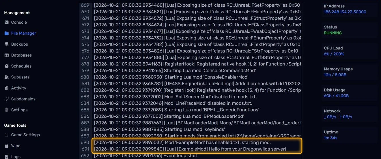 UE4SS.log showing the mod starting