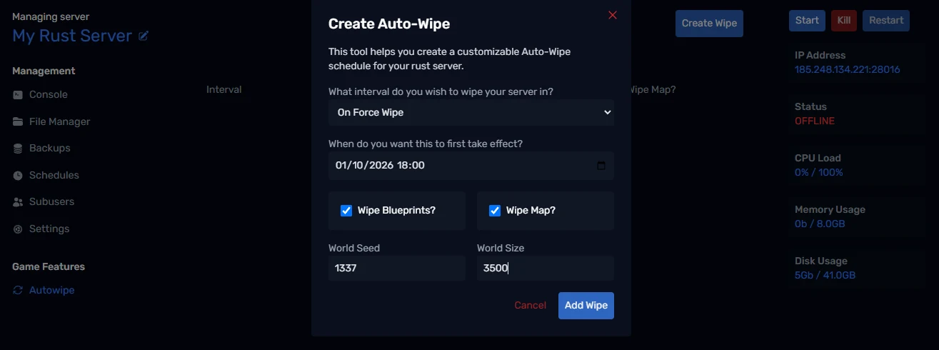 Creating a force wipe schedule in the PLAYERTICK control panel