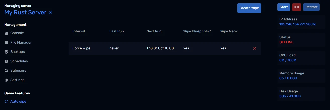 A scheduled force wipe on the Autowipe page