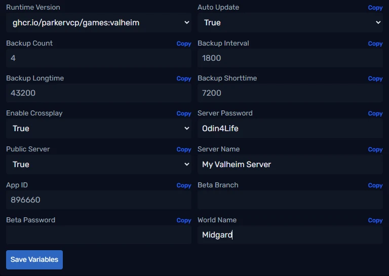 Valheim startup variables in the PLAYERTICK control panel