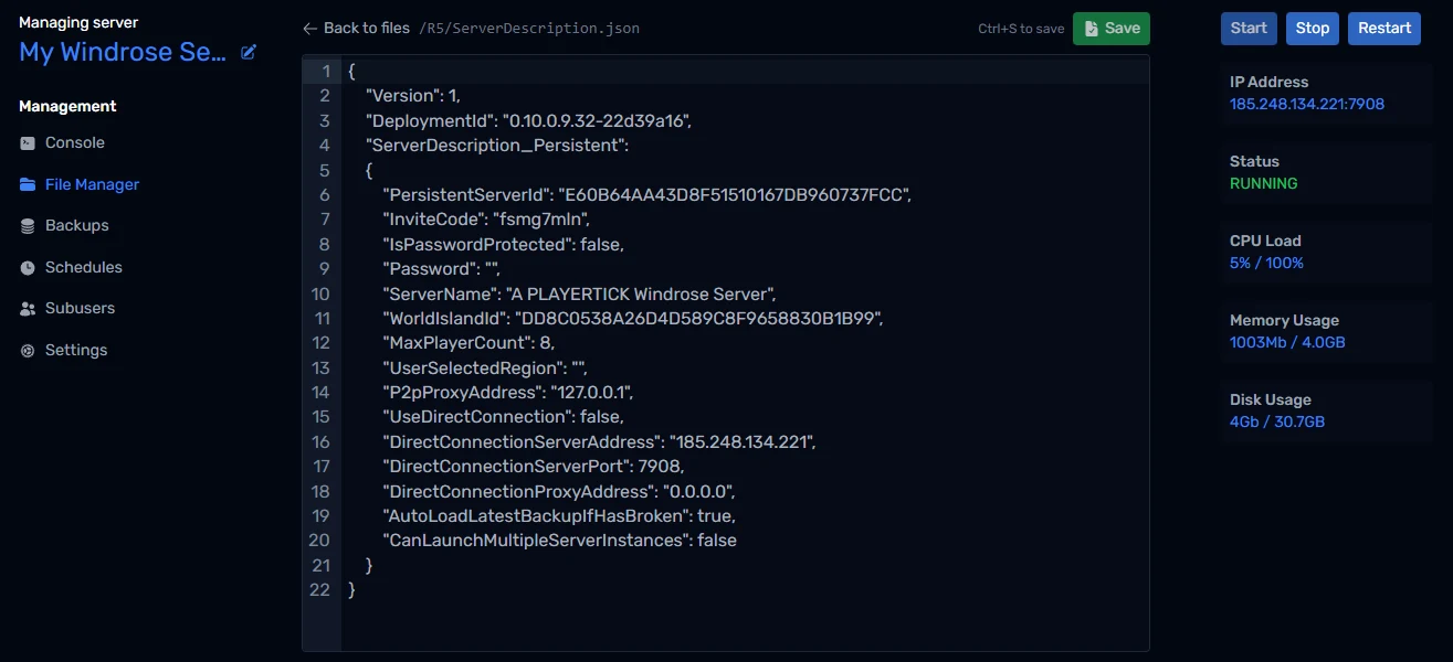 ServerDescription.json open in the File Manager editor
