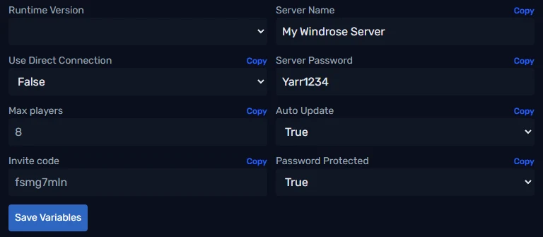 Windrose startup variables in the PLAYERTICK control panel